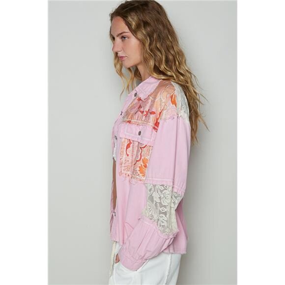 POL Printed Woven Mix Raw Hem Jacket with Lace Detail - Picture 2 of 3